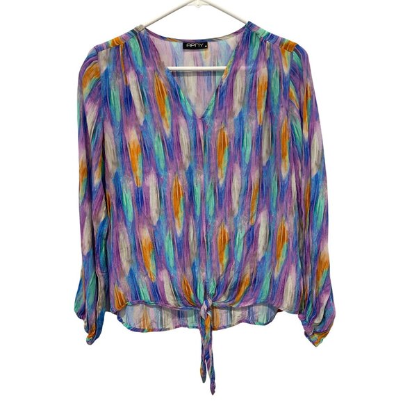 APNY Blouse Size Medium Tie Front Long Sleeve Multicolor Artistic Shades Print - Picture 3 of 9